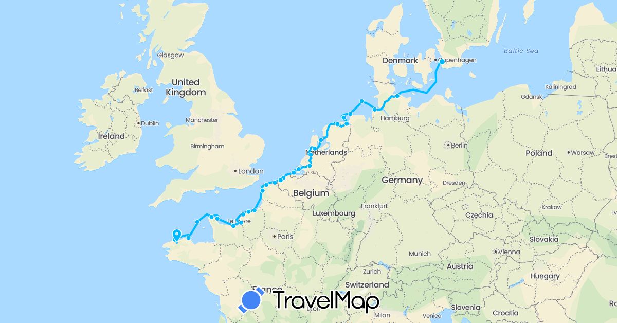 TravelMap itinerary: 2017 in Belgium, Germany, France, Guernsey, Netherlands, Sweden (Europe)