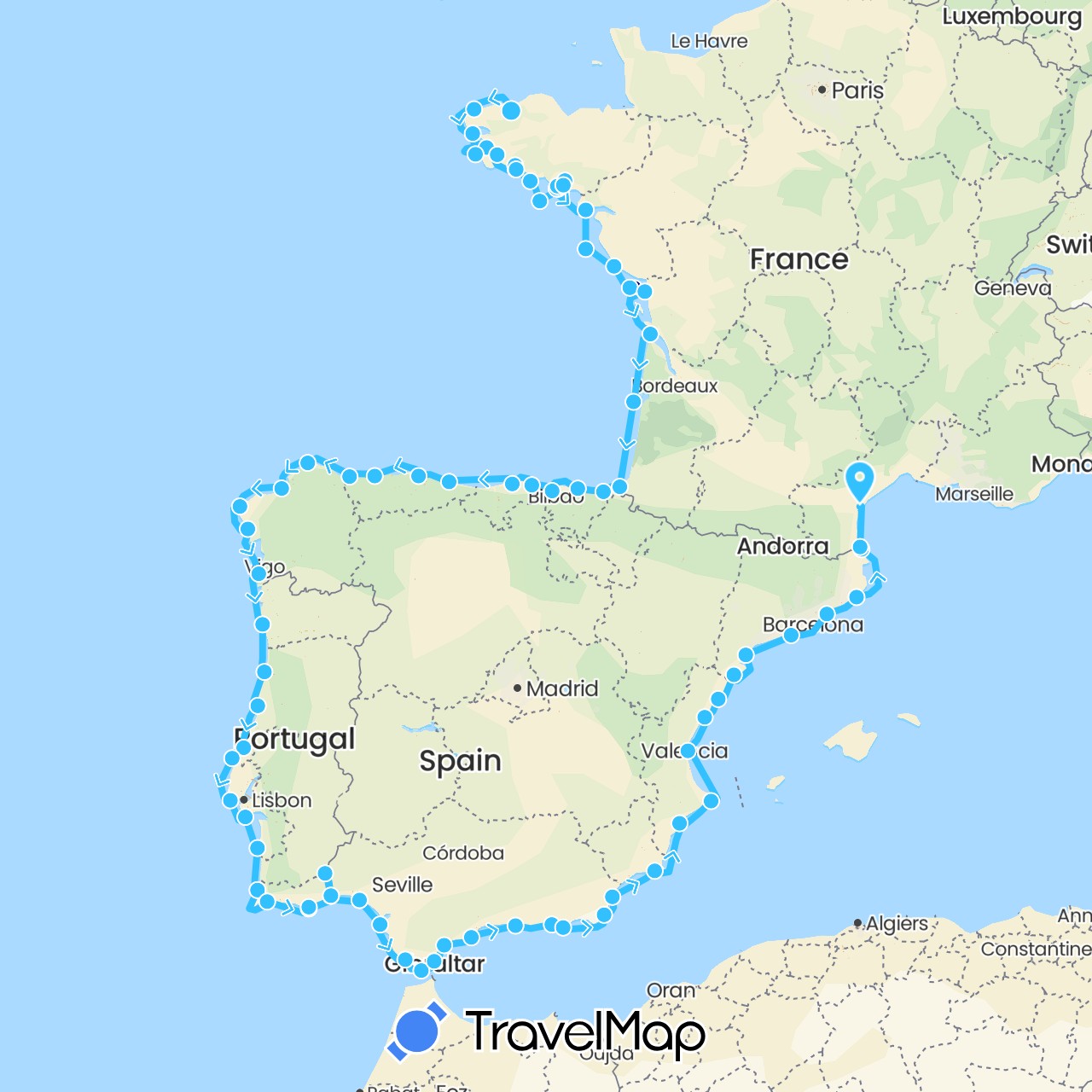 TravelMap itinerary: driving, 2018 in Spain, France, Portugal (Europe)