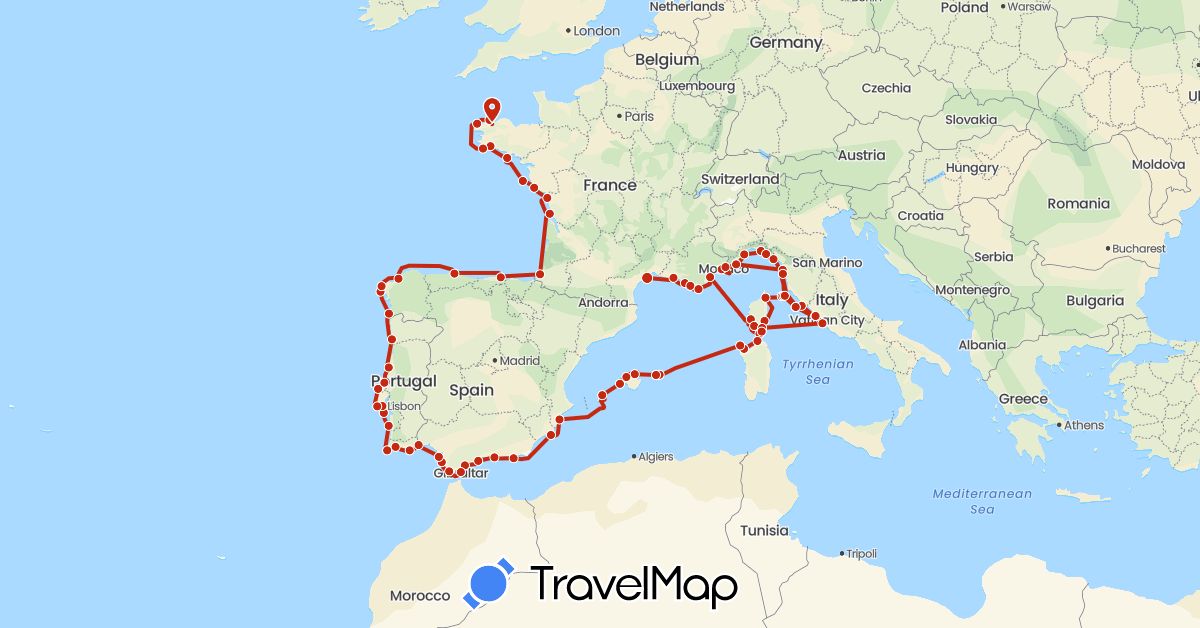 TravelMap itinerary: 2019 in Spain, France, Italy, Portugal (Europe)