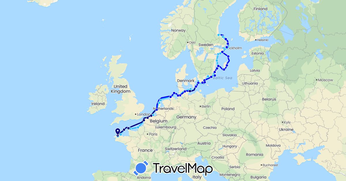 TravelMap itinerary: driving, boat, 2021south in Belgium, Germany, Denmark, France, Guernsey, Netherlands, Sweden (Europe)