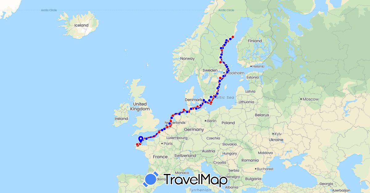 TravelMap itinerary: driving, 2021south, 2022north, 2022south in Belgium, Germany, Denmark, France, Guernsey, Netherlands, Sweden (Europe)