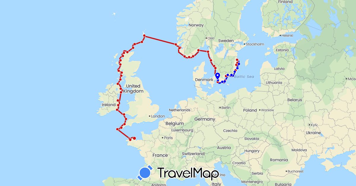 TravelMap itinerary: driving, 2023, 2023 going south in France, United Kingdom, Ireland, Norway, Sweden (Europe)