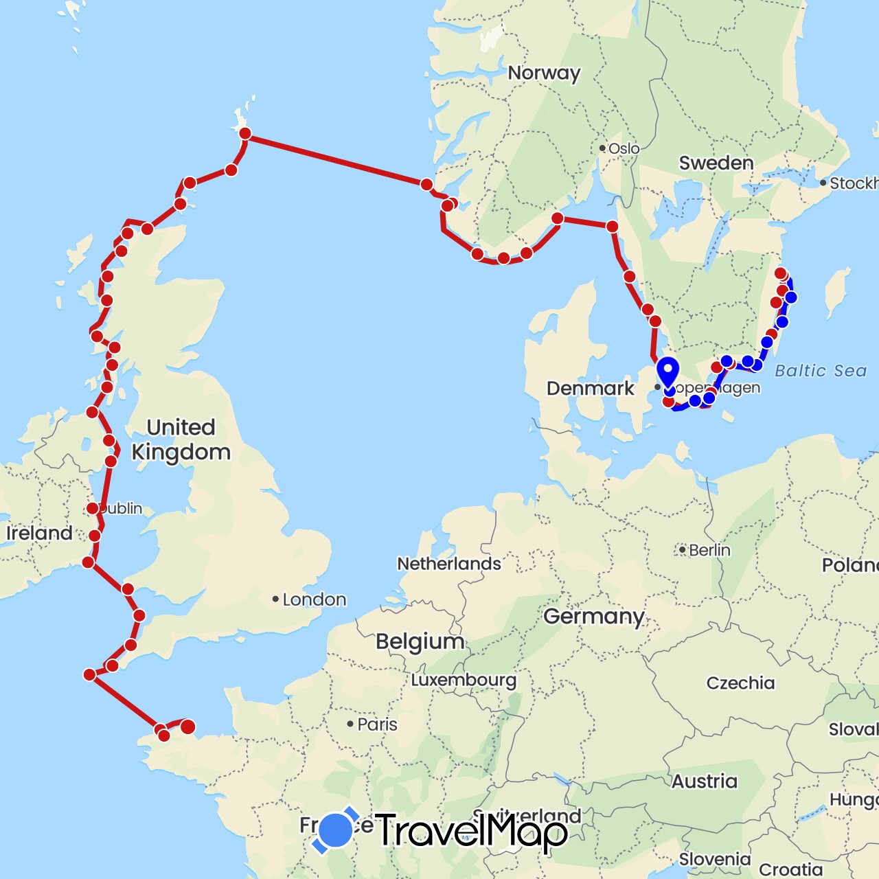 TravelMap itinerary: driving, 2023, 2023 going south in France, United Kingdom, Ireland, Norway, Sweden (Europe)
