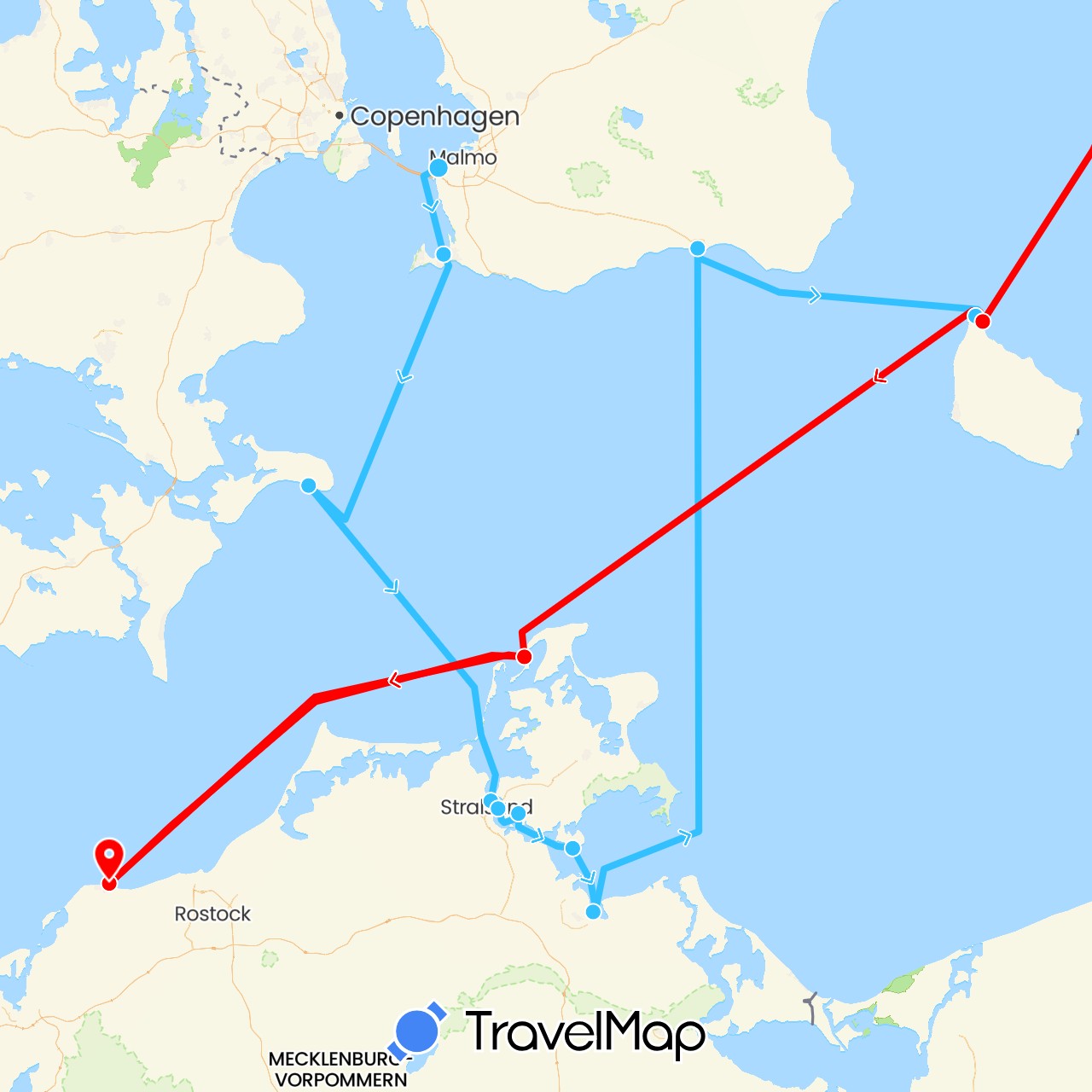 TravelMap itinerary: boat, 2024 ally in Germany, Denmark, Sweden (Europe)