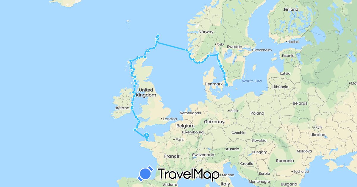 TravelMap itinerary: driving, boat in France, United Kingdom, Ireland, Norway, Sweden (Europe)